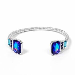 Silver Tone Metal Iridescent Glass Plastic Teal Rhinestone Cuff Bracelet 7.75"